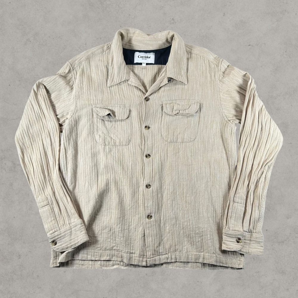 Corridor New York Mens XL Tan Herringbone Cotton Button Down Shirt Long Sleeve